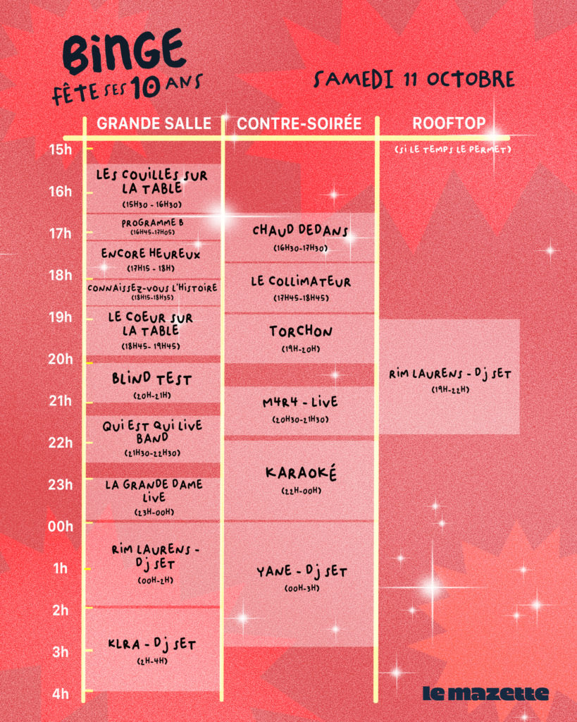 Je mixe le 11/10 pour les 10 ans de Binge Audio au Mazette!

📌 69, Port de la râpée, 75012

DICE: link.dice.fm/iBB1E4KQdXb?sh…

Shotgun: shotgun.live/events/binge-a…