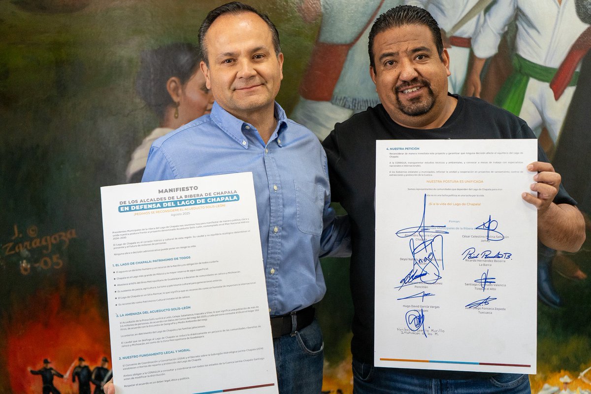 Agradezco al Alcalde de Ixtlahuacán de los Membrillos, Heriberto García, por sumarse a la defensa del Lago de Chapala con la firma del Manifiesto que solicita el replanteamiento del Acueducto de la Presa Solís, ya que afectaría el ecosistema del embalse más grande del País.