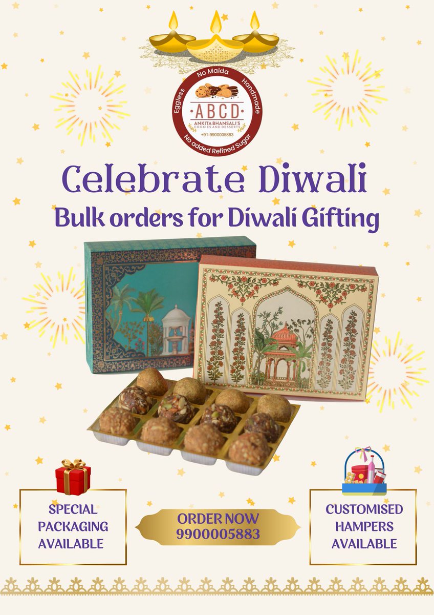 Abcd_Blr's tweet photo. ✨ Want to delight your team, clients or partners this Diwali?
🎁 We’re offering customised, handmade, eggless & no-refined-sugar hampers — perfect for corporate gifting.
Bulk orders, special packaging, or tailored hampers — you name it, we’ll make it happen.
Let’s light up this Diwali, together. 🌟
Order now: 9900005883