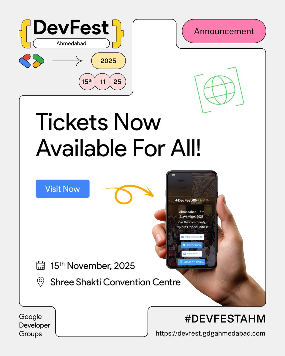 GDGAhmedabad's tweet image. Registration is LIVE for #DevFestAhm🔥

Don't miss out on cutting-edge AI workshops, expert insights, and unparalleled networking.

Secure your spot now, seats are filling fast!
Register now: devfest.gdgahmedabad.com

#GDGAhmedabad #DevFest2025 #GDG #Ahmedabad #DevFest #AI