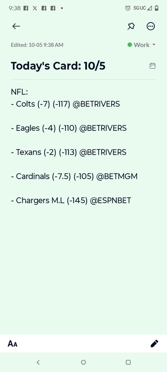 PICKS LAURENT (@pickslaurent) on Twitter photo Today's NFL Card π (10/5)
- Colts (-7) (-117) @BETRIVERS
- Eagles π¦
(-4) (-110) @BETRIVERS
- Texans (-2) (-113) @BETRIVERS
- Cardinals (-7.5) (-105) @BETMGM
- Chargers β‘ M.L (-145) <a href="/ESPNBET/">ESPN BET</a>
Letβs cash this Sunday slate π°π₯
Who you rockinβ with today? π
β’
β’
β’
#NFL Today's NFL Card π (10/5)
- Colts (-7) (-117) @BETRIVERS
- Eagles π¦
(-4) (-110) @BETRIVERS
- Texans (-2) (-113) @BETRIVERS
- Cardinals (-7.5) (-105) @BETMGM
- Chargers β‘ M.L (-145) <a href="/ESPNBET/">ESPN BET</a>
Letβs cash this Sunday slate π°π₯
Who you rockinβ with today? π
β’
β’
β’
#NFL