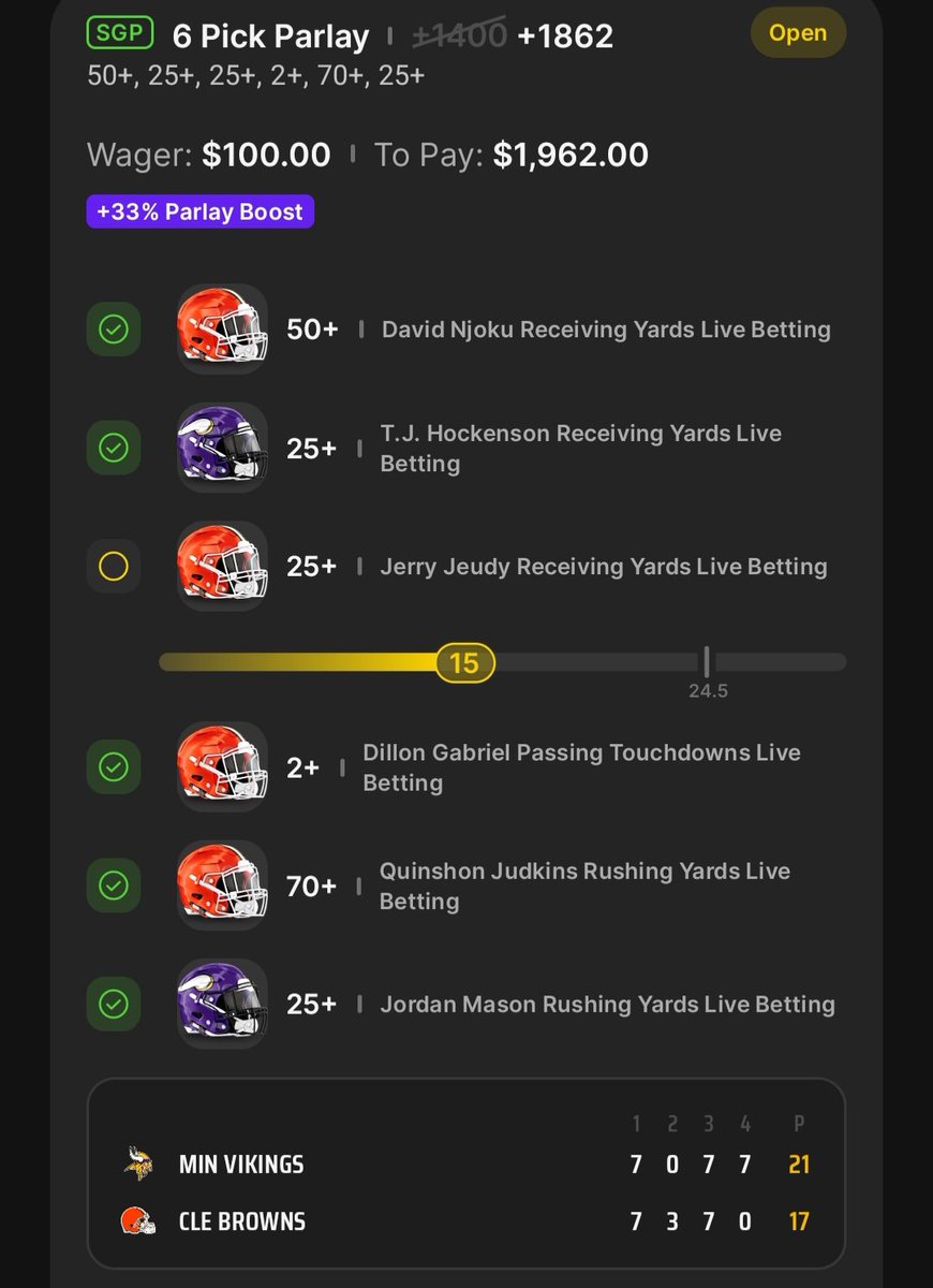 Let's see how many bets I can lose by 1 leg today, after like 10 of them in the Thursday night game.  Wtf Jeudy