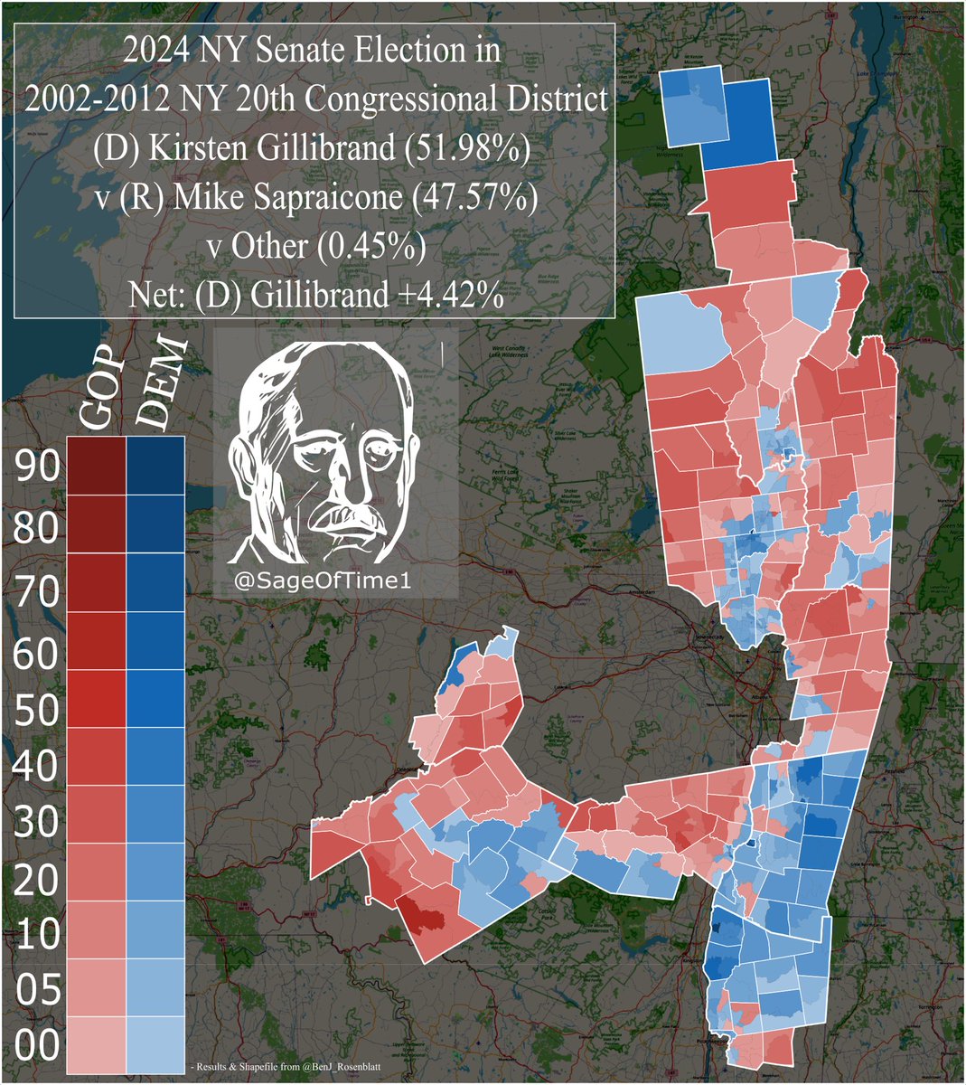 SageOfTime1's tweet image. The 2024 US Senate election in the 2002-2012 NY-20th CD; in her fourth election to the Senate, NY Senator Kirsten Gillibrand carried the seat she once held as a blue dog in congress by the narrowest margin of her career over retired Long Island Police officer Mike Sapraicone.