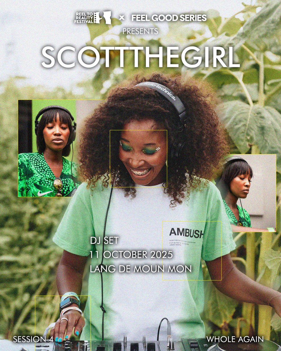 Reel to Reality Film Festival – Sonic Soundscape
Curated by Nandi Dlepu (feelgoodseries)

Anchoring the closing arc of Day 2, scottthegirl takes us from reflection to collective release in the Whole Again session on Oct 11.

Expect soulful house, afro tech &amp; electronic vibes. 🎧