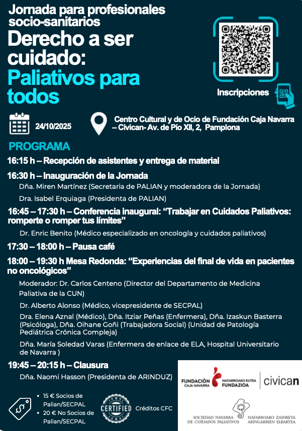 🗓️ ¡Cuenta atrás!
Faltan solo 19 días para nuestra Jornada “Derecho a ser cuidado: Paliativos para todos”.

📍 Civican, Av. de Pío XII, Pamplona
🕘 24 de octubre, 16:15hrs
📝 Inscripciones: l1nq.com/YNz4z

Un encuentro para reflexionar, compartir y visibilizar los CP💜