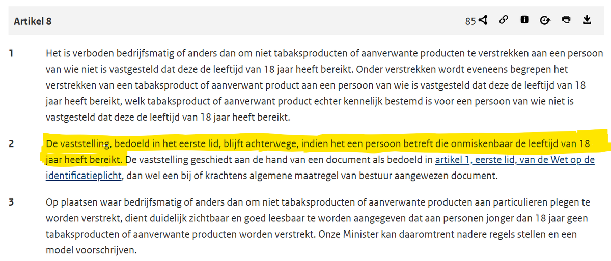 <a href="/mauricedehond/">Maurice de Hond</a> Erg bijzonder dat o.a. Bovag afwijkt van wat er in de wet staat. Ik vraag me af hoe dit juridisch te verdedigen valt.

In de wet staat expliciet dat je niet gecontroleerd hoeft te worden als je onmiskenbaar de leeftijd van 18 jaar hebt bereikt.

Bron: wetten.overheid.nl/jci1.3:c:BWBR0…