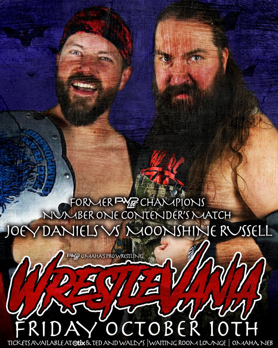 A huge match has just been signed for THIS FRIDAY'S PWP WrestleVania at The <a href="/Waiting_Room/">The Waiting Room</a> Lounge in Omaha, NE:

*** Former PWP champions collide for a future shot at the PWP title, as one half of the current PWP Tag Team Champions JOEY DANIELS takes on MOONSHINE RUSSELL!!!