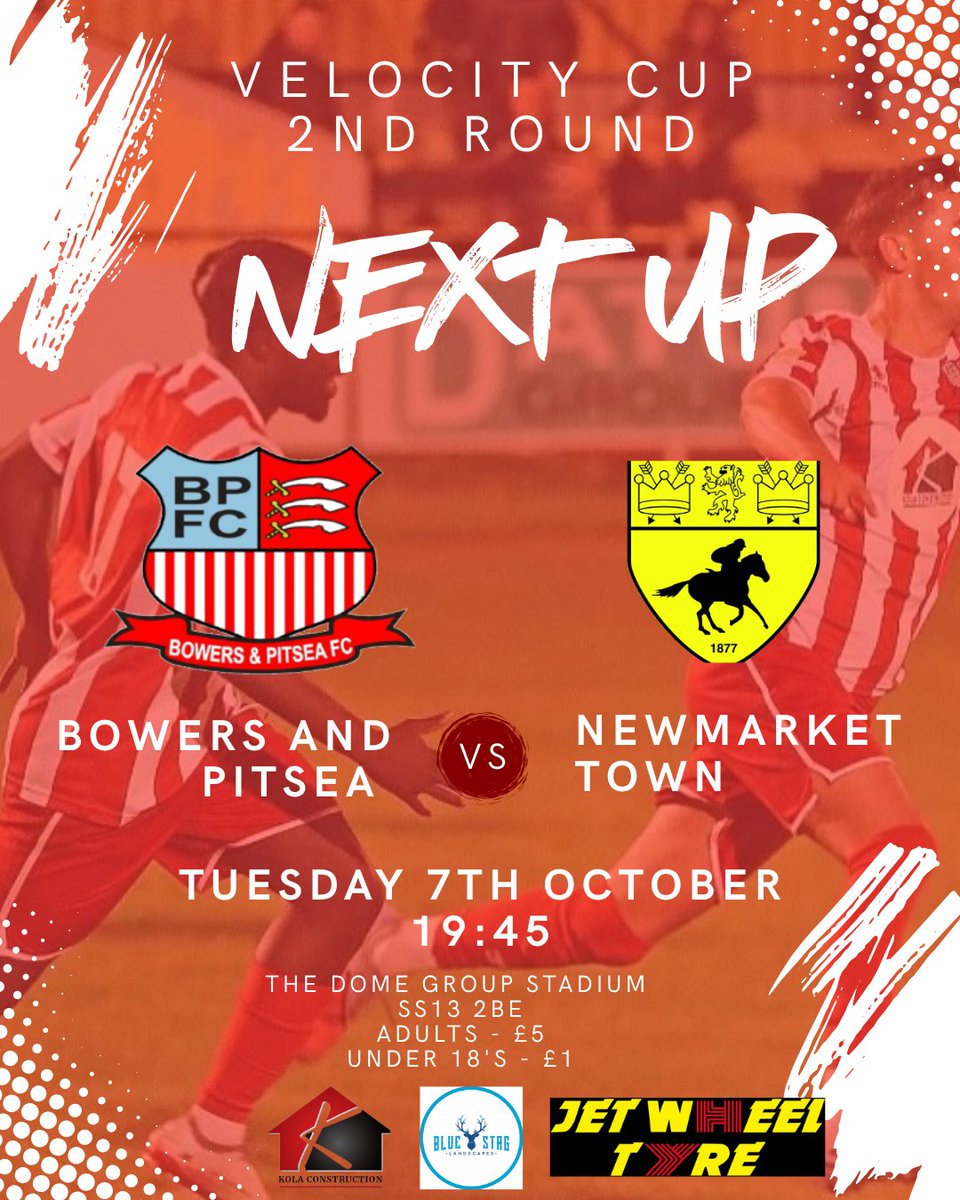 Up next at The Dome Group Stadium (formerly the Len Salmon), we welcome <a href="/NewmarketTownFC/">Newmarket Town F.C</a> as we meet in the Velocity Cup 2nd round on Tuesday night. Entry only £5 for adults and £1 for under 18's. 
#UpTheBowers