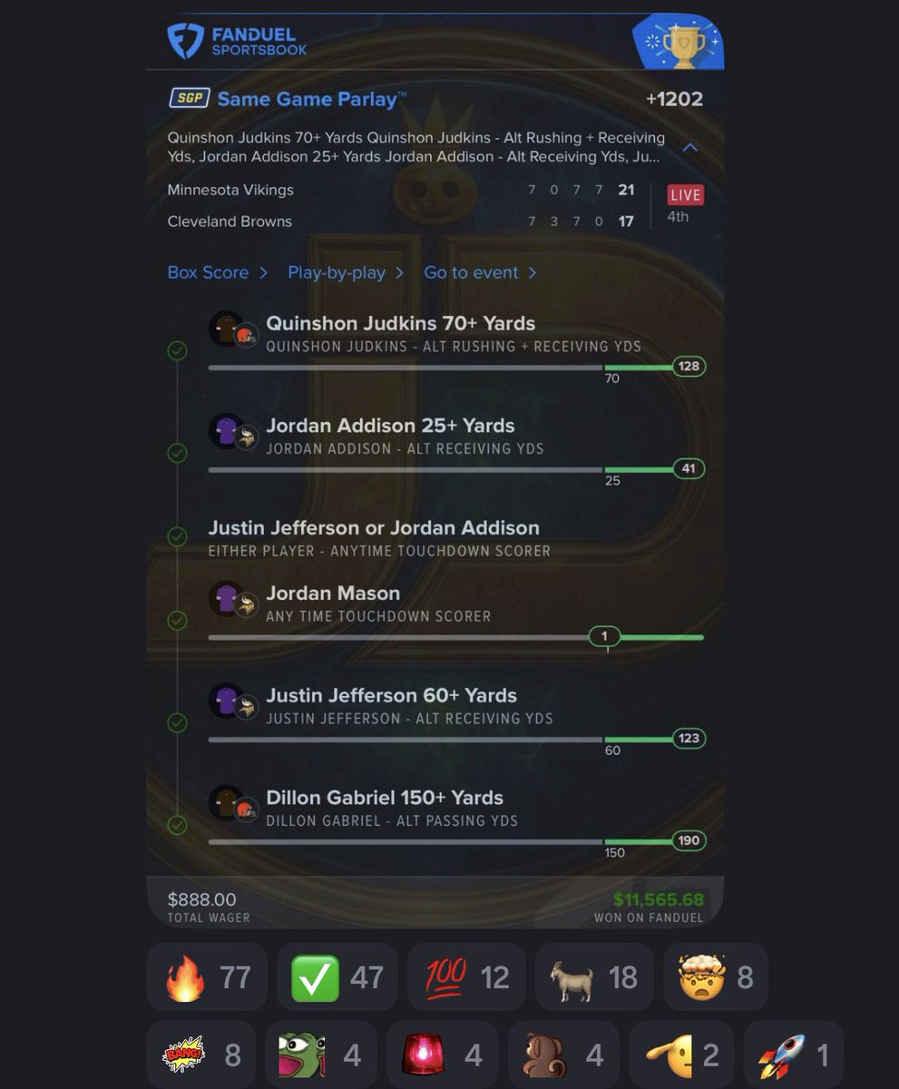 Great start to the #NFL slate 🔥

$888 ➡️ $11,565.68 💸

( <a href="/JDGoldboys/">JD </a> )

Posted in the discord ➡️ GoldBoys.com