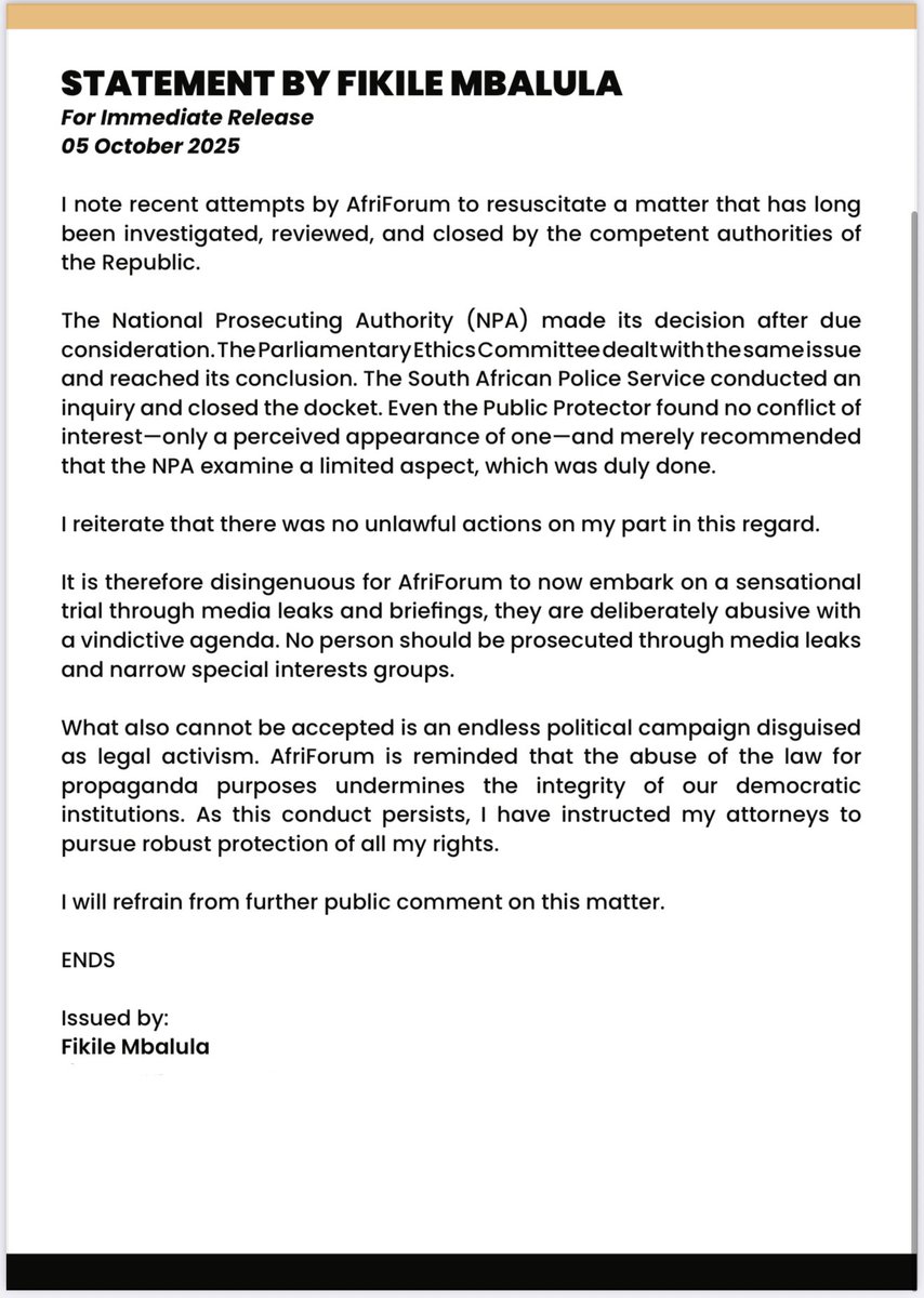 MbalulaFikile's tweet photo. STATEMENT BY FIKILE MBALULA ON AFRIFORUM CLAIMS https://t.co/EyTthkIniU