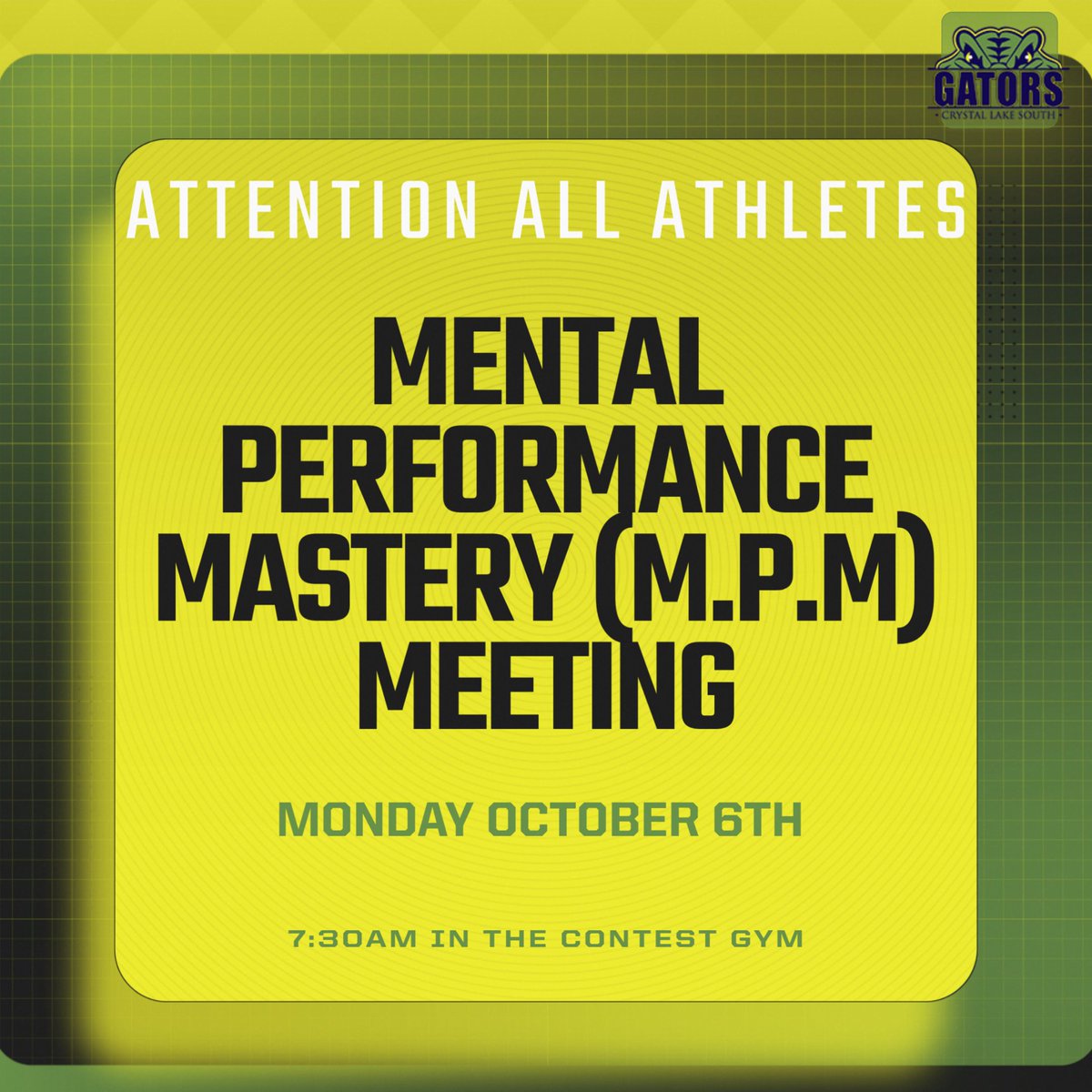 Attention all athletes! Mental performance mastery meeting this upcoming TOMORROW October 6th at 7:30am in the Contest Gym!  Open to All Athletes!  Topic is strategies to improve self-control!