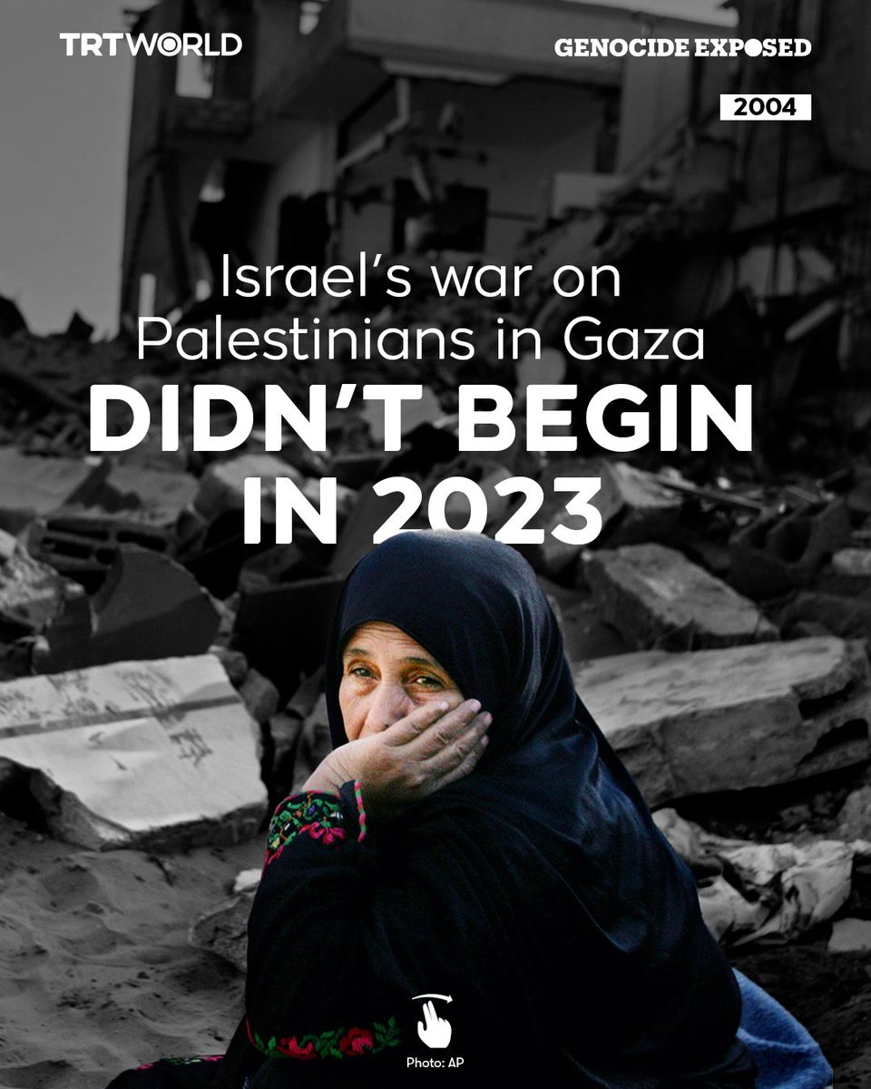 trtworld's tweet photo. Israel’s war on Palestinians in Gaza didn’t begin on October 7, 2023, but 77 years ago.

Since the Nakba (or ‘catastrophe’ in Arabic) in 1948, Palestinians have endured decades of military occupation, land theft, forced expulsion, and relentless assaults at the hands of illegal settlers, the Israeli army and Zionist paramilitaries

#GenocideExposed