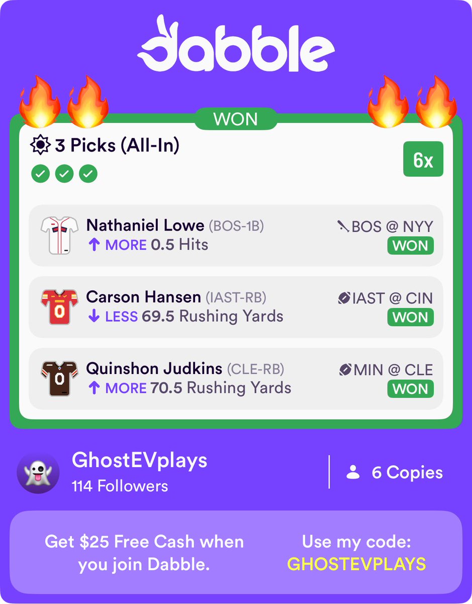GhostEVplays's tweet image. +500 Dabble Cash 💰
#dabble #sports #nfl #mlb