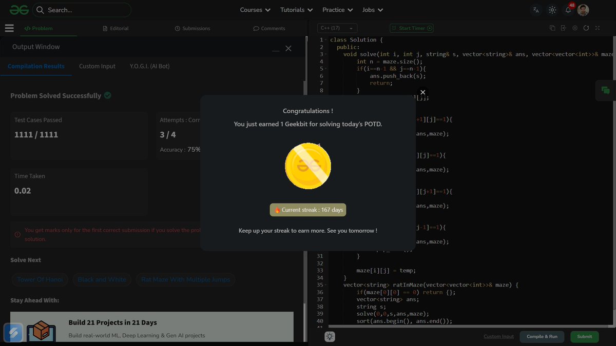 shahidx_05's tweet image. Day 205 - #365DaysOfCode

✅ LeetCode Contest – First 3 problems ✅
✅ GfG POTD: Rat in a Maze
✅ Codeforces 1095A

#DSA #LeetCode #Codeforces #GfG #ProblemSolving #BuildInPublic #LearnInPublic