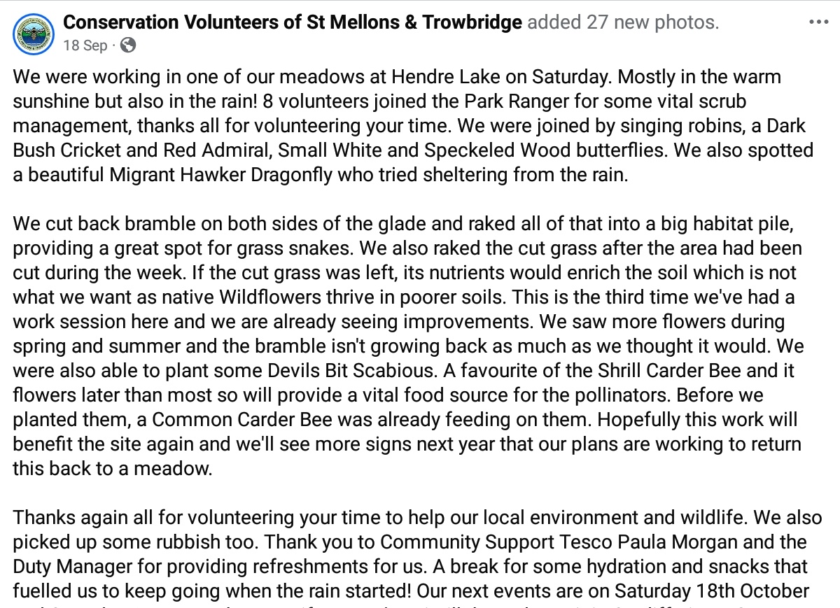 8 volunteers worked in a meadow at Hendre Lake for last months volunteer session. Thanks all for your hard work. We were joined by singing robins, a Dark Bush Cricket, Red Admiral, Small White and Speckeled Wood butterflies, and a beautiful Migrant Hawker Dragonfly #conservation