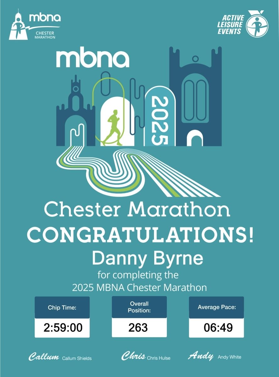 Chester Marathon this morning in 2:59:00. Not the time I wanted, but that will come.  I've made a lot of progress in the last 2 years, and I feel like i've learned a lot from the last 18 weeks of training.  Some things take time.