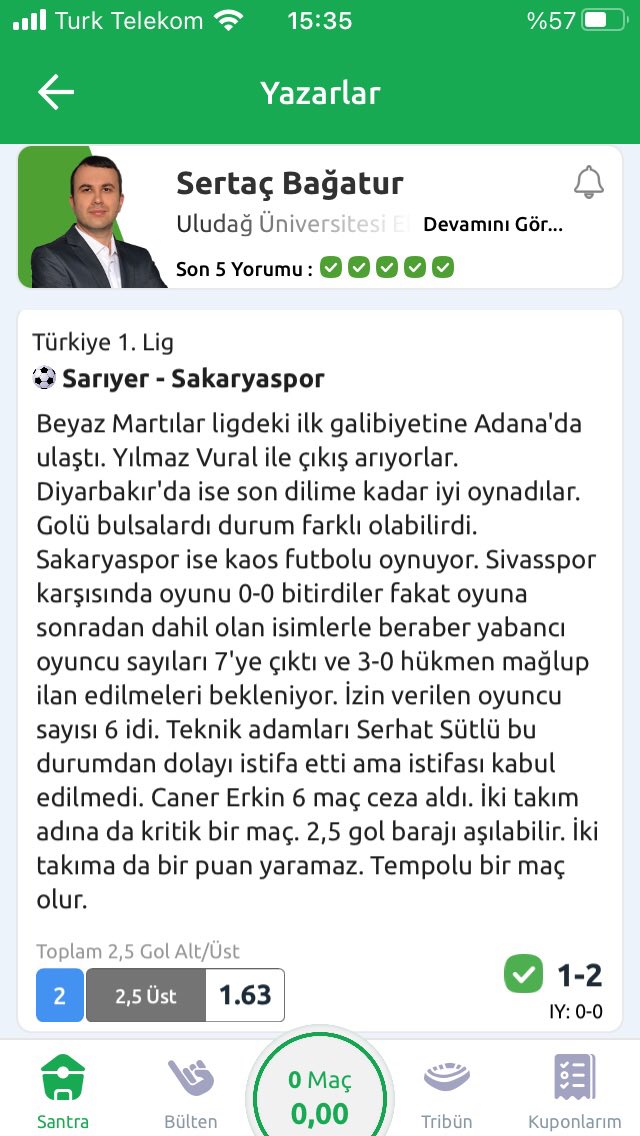 1. Lig
Çorum-Manisa ms-1 ve 4.5 alt✅
Bolu-Erok kg-var✅
Amed-Keçiören ev 1.5 üst✅
Erzurum-Van 2.5 alt✅
Bandırma-Ümraniye ms-1✅
Sarıyer-Sakarya 2.5 üst✅
Bodrum-Hatay 2.5 üst✅
Iğdır-İstanbul ms-1✅
Sivas-Serik ms-1❌
<a href="/Bilyoner/">Bilyoner 💚</a> 
Serik o golü yemiyor😬