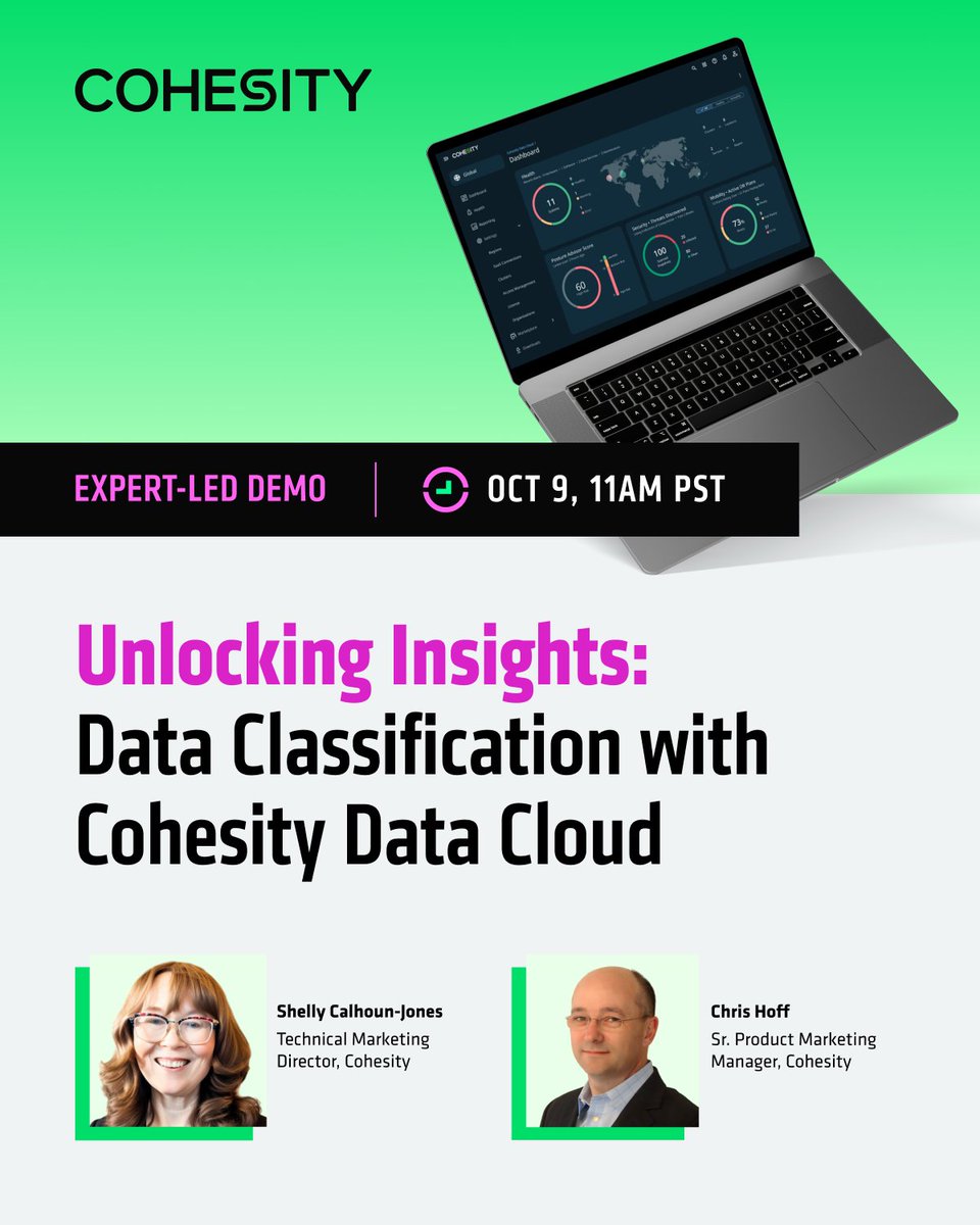 Cohesity's tweet image. We’ve got the dream team! 🙌
Join Shelly Calhoun-Jones + Chris Hoff on Oct 9 as they dig into how to classify, organize &amp;amp; protect sensitive data with AI.

🗓 11 AM PT / 2 PM ET
👉 Register here: cohesity.co/46VgEbM          

#DataClassification #Compliance #DataVisibility