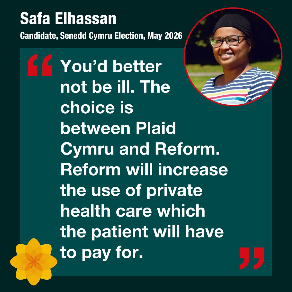 “You’d better not be ill,” said candidate Safa Elhassan when she was canvassing recently.  “The choice is between Plaid Cymru and Reform.  Reform will increase the use of private health care which the patient will have to pay for,” she said. 
#PlaidCymru #VotePlaidCymru
