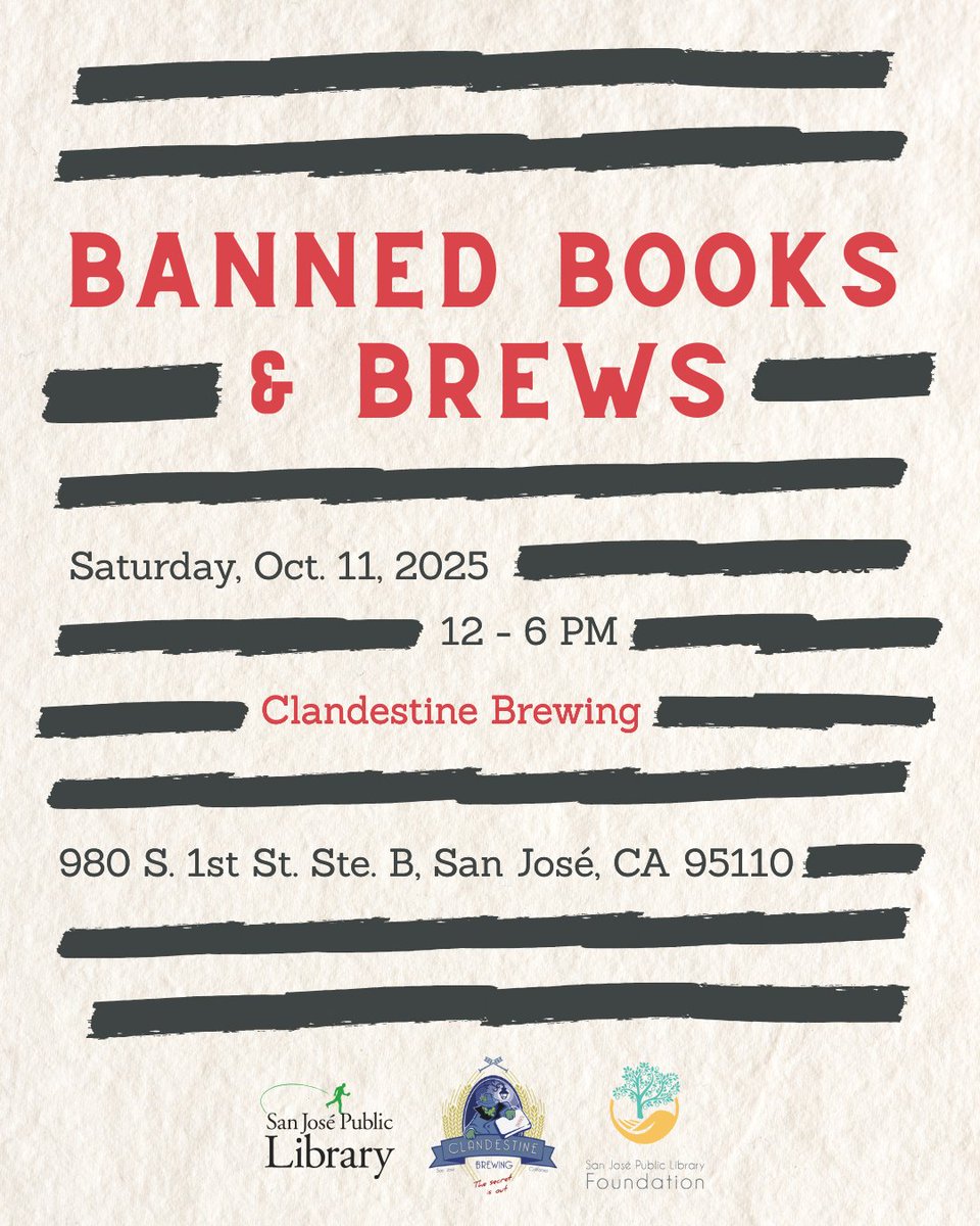 Today is the start of Banned Books Week! Come celebrate your #FreedomToRead at our Banned Books &amp; Brews event with <a href="/sanjoselibrary/">San Jose Public Library</a> at @clandestinebrewing on October 11 from 12 to 6 PM. The event is free and open to the public.