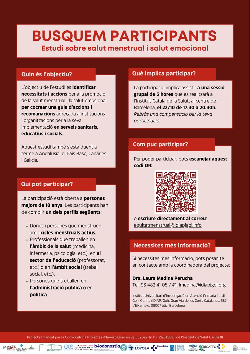 🩸 Vols ajudar a millorar la salut menstrual i emocional?

🔎Busquem persones que menstruen i professionals del sector salut i social, l'educació i l'àmbit polític per a un estudi participatiu. 

✅L’estudi vol identificar accions per millorar la salut menstrual i emocional i