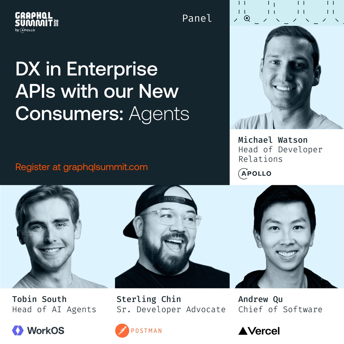 apollographql's tweet photo. Are our APIs ready for AI agents?
Michael Watson, Sterling Chin, Tobin South & Andrew Qu share how to design agent-friendly APIs that serve both humans and AI consumers at #GraphQLSummit 2025
Have you grabbed your ticket yet? 📅 Oct 6-8, 2025 https://t.co/ToX3HfIKeH https://t.co/ZyMKuebCB2