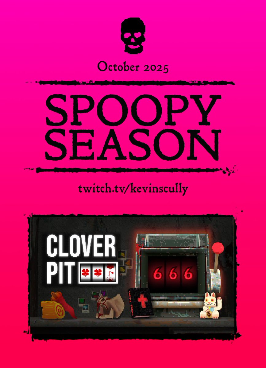 kevinscully's tweet image. SPOOPY SEASON begins.

Kicking off with brand new indie CLOVERPIT from @PanikArcade - it’s spin to win, or down the pit with you! 

20:00 BST Sunday twitch.tv/kevinscully