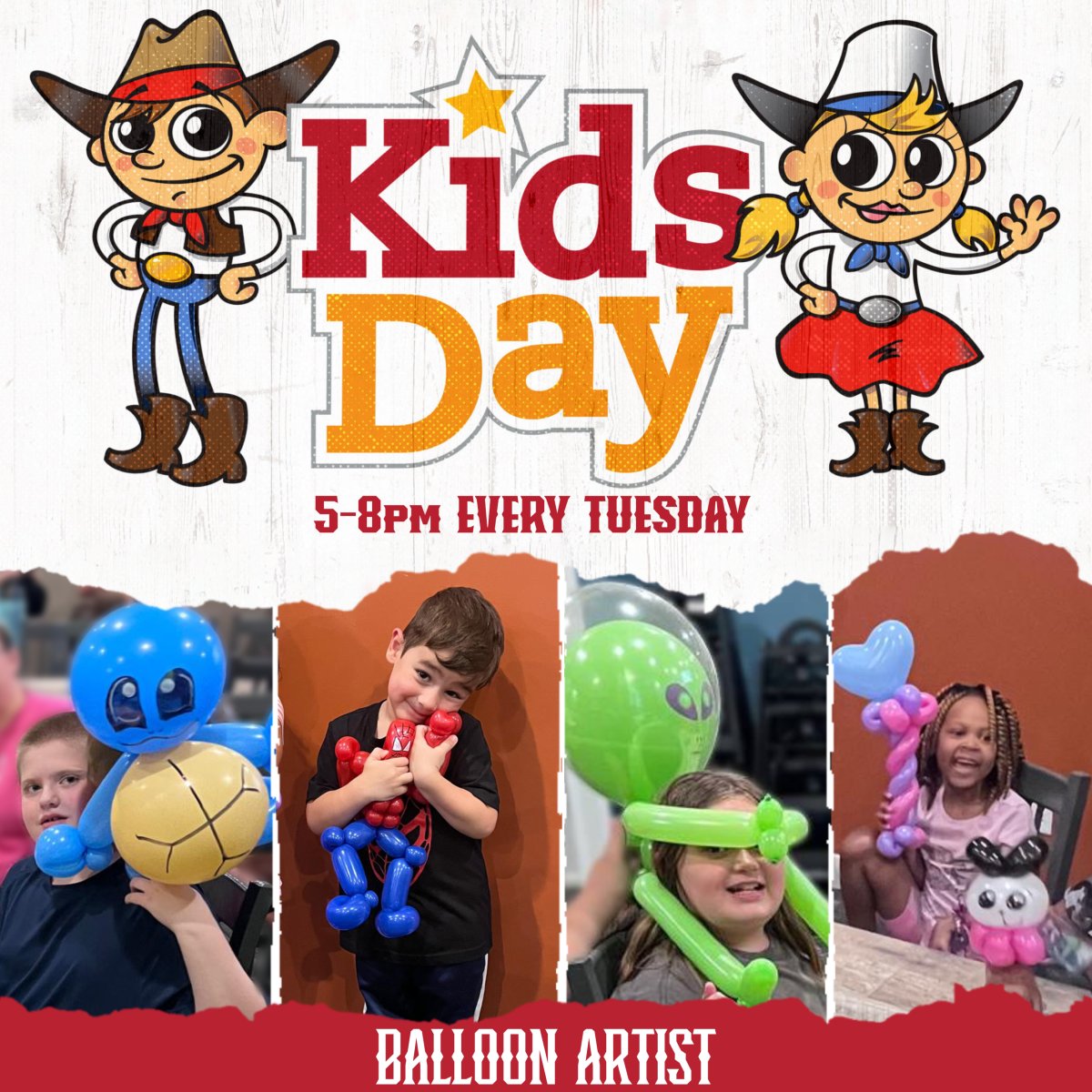 This Tuesday we will have a Balloon Artist here at the Cottleville Pizza Ranch!  Not only will Kids Eat Free with a paid adult, they'll also get a free balloon animal!  Come on over and have a blast!