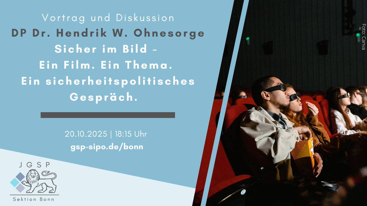 JungeGSP-Bonn (@jgsp_bonn) on Twitter photo Was, wenn ein Film mehr über Macht, Risiko & Verantwortung verrät als jede Doku? 🎬
Diskutiere bei unserem #Filmabend mit uns und <a href="/HWOhnesorge/">Hendrik W. Ohnesorge</a> über Fiktion, Fakten & Sicherheitspolitik.
📅21.10. | 📍 Bonn | 🕕 18:15 Uhr
 👉Jetzt anmelden: t1p.de/y72pb Was, wenn ein Film mehr über Macht, Risiko & Verantwortung verrät als jede Doku? 🎬
Diskutiere bei unserem #Filmabend mit uns und <a href="/HWOhnesorge/">Hendrik W. Ohnesorge</a> über Fiktion, Fakten & Sicherheitspolitik.
📅21.10. | 📍 Bonn | 🕕 18:15 Uhr
 👉Jetzt anmelden: t1p.de/y72pb