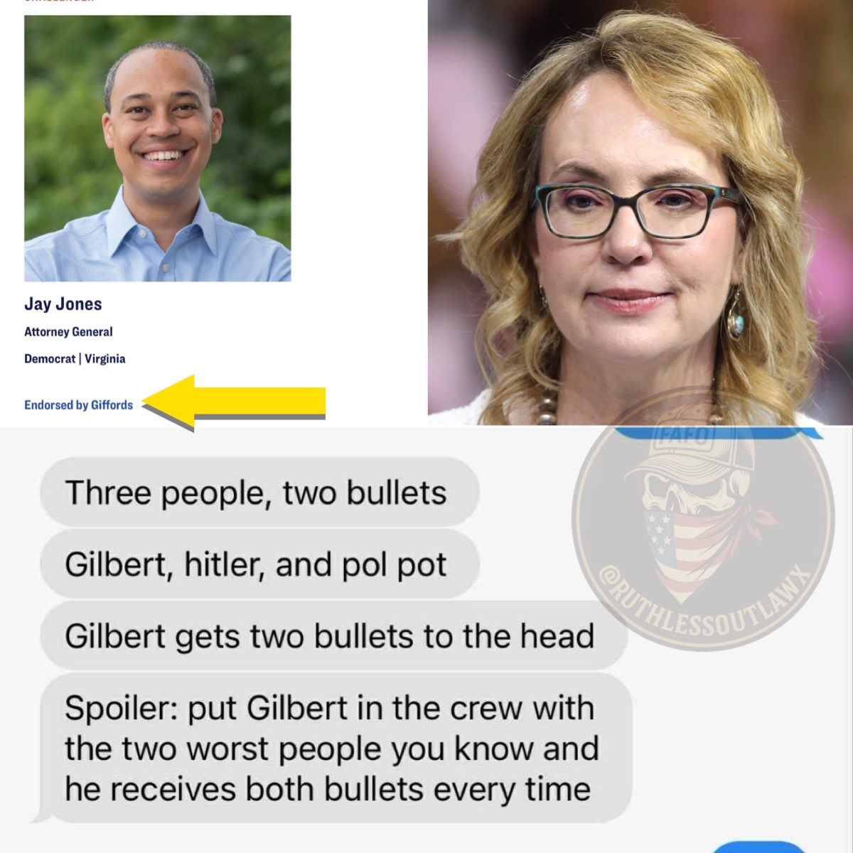 TheJayBee's tweet photo. When will @GIFFORDS_org pull their endorsement of Jay Jones over his alarming text messages of wanting to shööt former House Speaker Gilbert in the head?

Reminder: Gabby Giffords herself is a victim of gun violence. She was shöt in the head in 2011. https://t.co/PFSLI1Ucxs