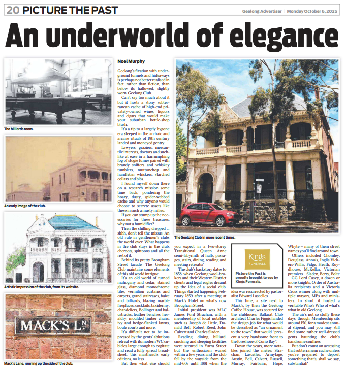 nmurphyglg's tweet photo. Geelong Club members once chilled in a harrumphing fog of stogie fumes paired with brandy snifters, whiskey tumblers, muttonchop and handlebar whiskers, starched collars and bibs. Latest Picture the Past column in the Geelong Advertiser.
https://t.co/iVSRssFCZO https://t.co/0Q4FITeDI0