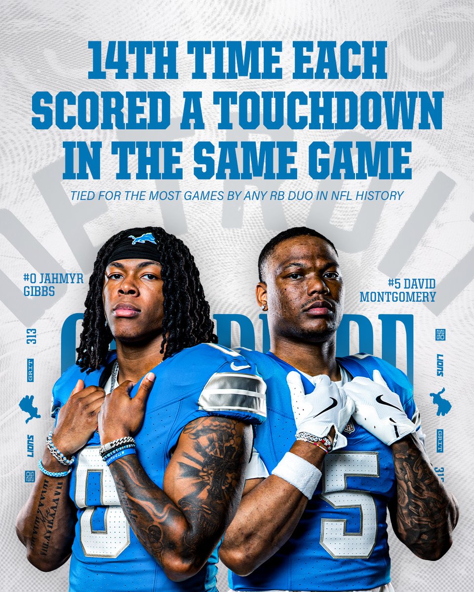 .<a href="/Lions/">Detroit Lions</a> RBs Jahmyr Gibbs and David Montgomery produced a TD in the same game for the 14th time.

This ties the <a href="/NFL/">NFL</a> record for the most games in which each member of an RB duo has produced a scrimmage TD.

#OnePride