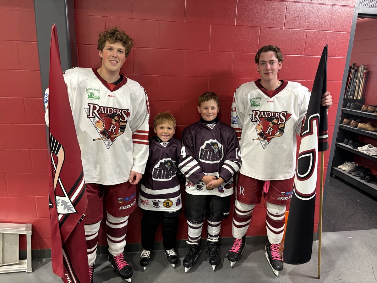 Future Raiders…
Honorary Raider Colton “cookie” Cook and Honorary Raider Nash “Willie” Willis seen here with Raider Jr Hockey team players 
Mason Laarveld &amp; Ryan Cromie!