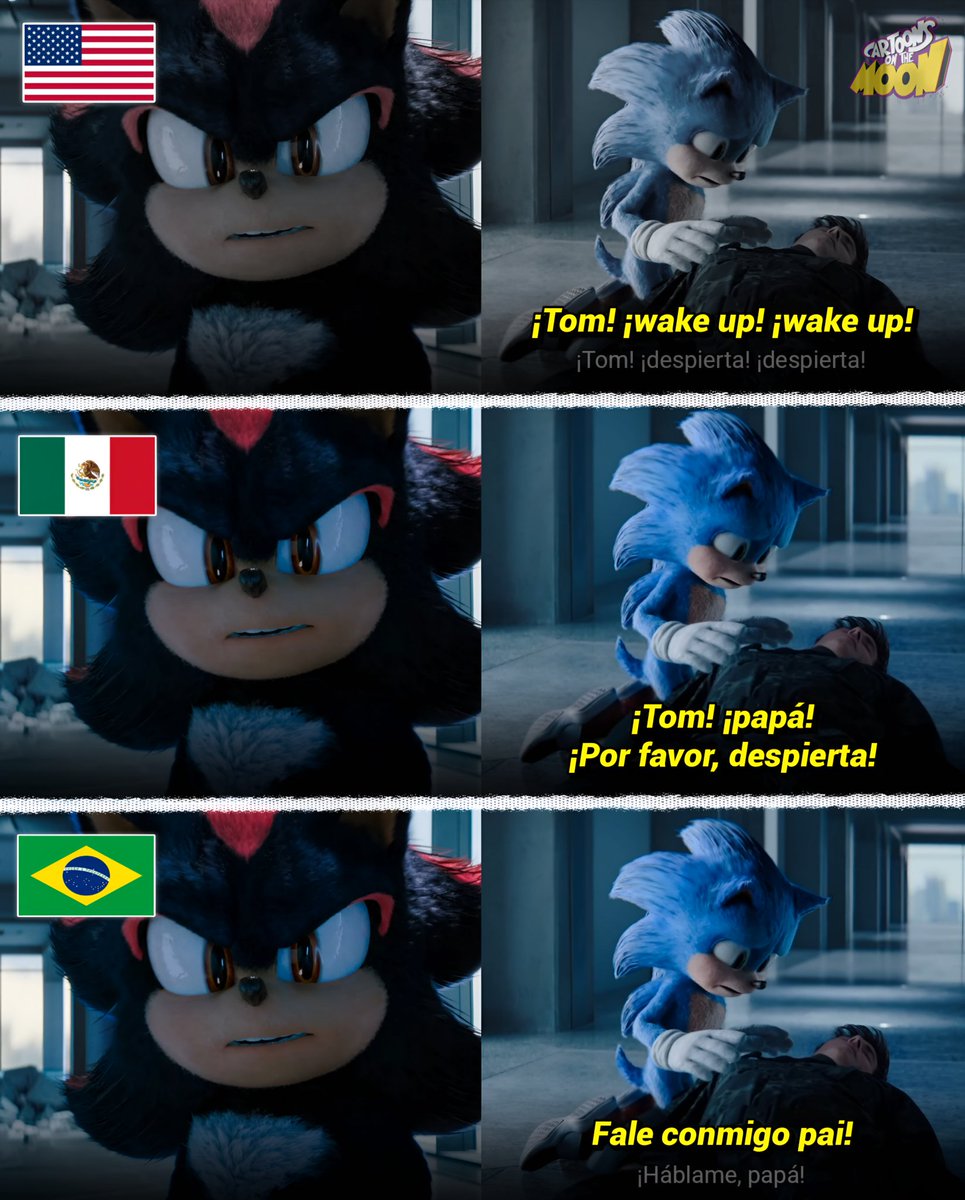 En Sonic 3, tanto en el doblaje latino como en el portugués, decidieron que Sonic llame “papá” a Tom entre lágrimas.