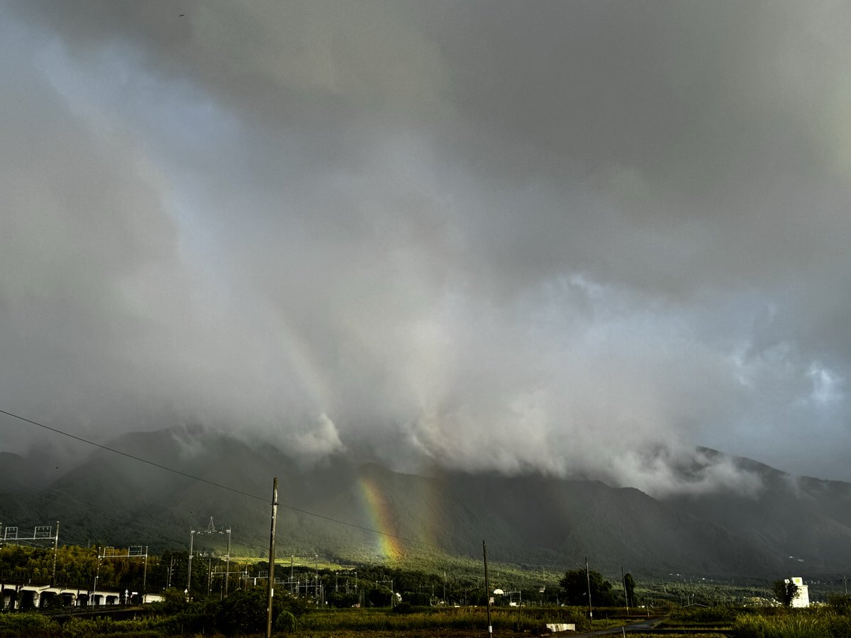 おはよ☔️💜
今朝は珍しく小雨
虹が🌈🌈🌈３本出てました
初めてだよ〜
写ってるかな？右端のは見えてないけど、一眼レフでも厳しそうなオーロラみたいな虹だったよ