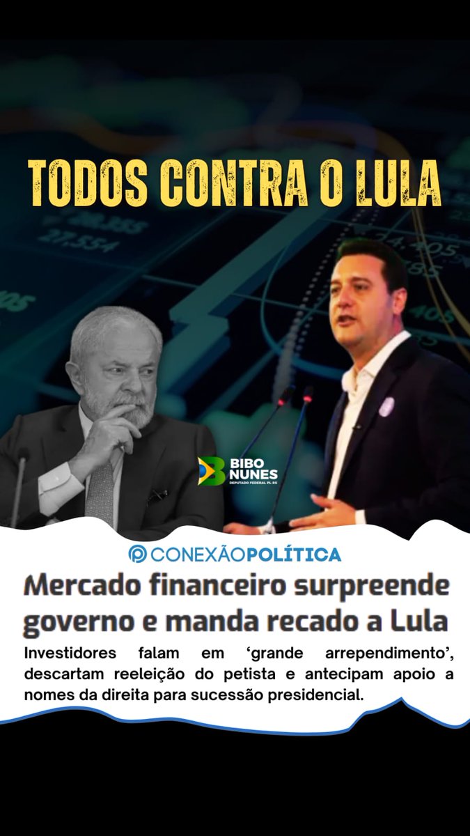 💸 O mercado perdeu a confiança no DESGOVERNO Lula! 💸
A relação entre o mercado financeiro e o governo petista se deteriorou de vez.
Investidores que apoiaram o retorno de Lula em 2022 agora admitem arrependimento diante do caos econômico, da insegurança jurídica e das decisões