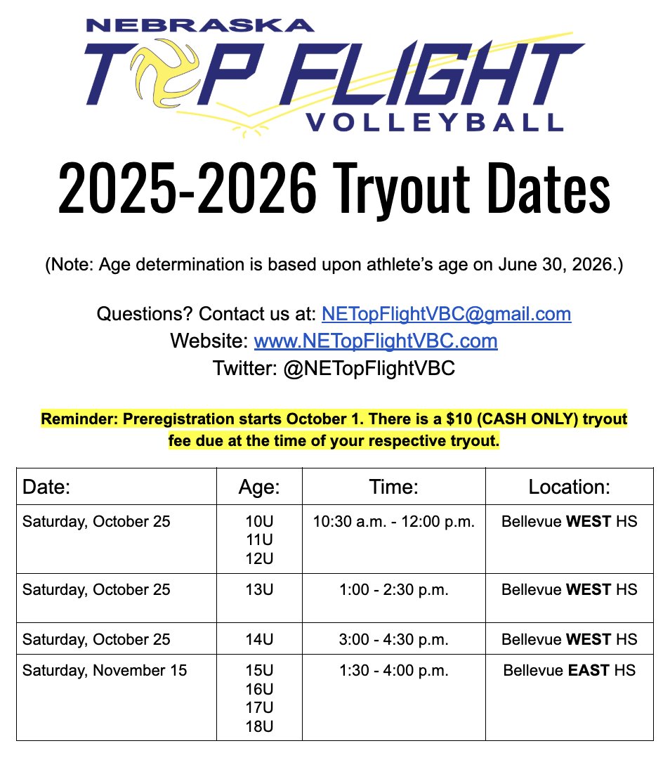 NETopFlightVBC's tweet image. 💯TRYOUT DATES HAVE BEEN SET!!

Plan to attend? 

Please fill out our pre-registration form:  forms.gle/KrQBcCSMdeMsYk…

@GreatPlainsVB @usavolleyball
#NETopFlightVBC #greatplainsvb #usav