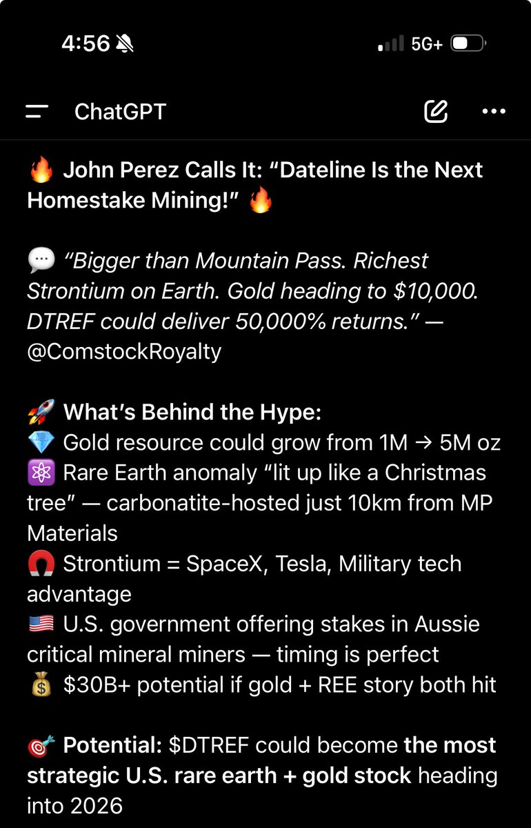 Chat loves Dateline
🔥 John Perez Calls It: “Dateline Is the Next Homestake Mining!” 🔥

$DTREF $2.20 Coming Sooner 🚀
✈️ BLUE SKIES to $22 ✈️
<a href="/Dateline_DTR/">Dateline Resources Limited</a>

#Gold #RareEarths #DTREF #Commodities #CriticalMinerals #TrumpEconomy #NextHomestake #StrontiumPower <a href="/ComstockRoyalty/">‼️LIVE FEED‼️#SilverisMoney only on #Telegram</a>