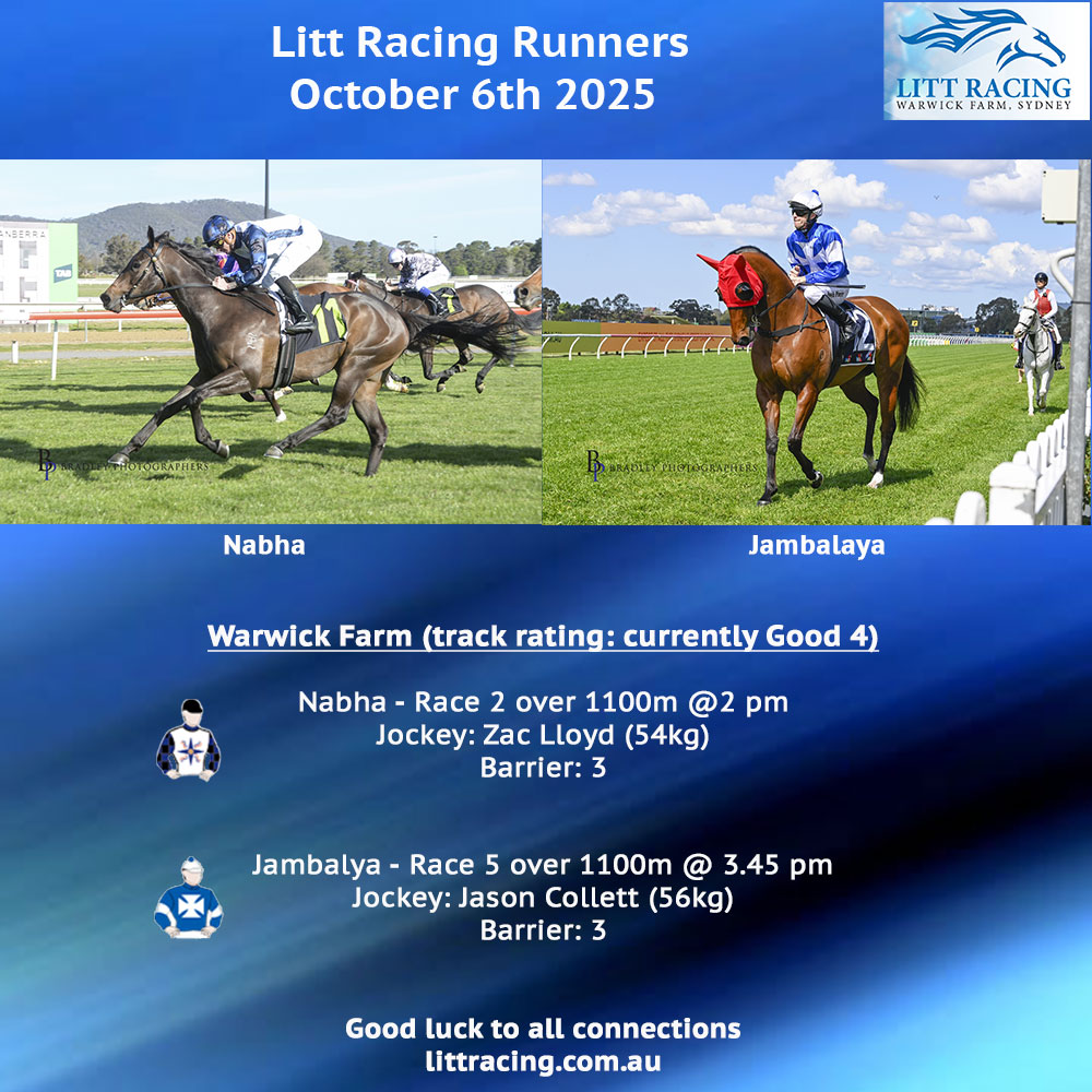 Just a quick walk across the road for the team today as we head to Warwick Farm Racecourse with two runners. First-up winner NABHA is on the 9-day backup over 1100m, and JAMABALAYA returns to the city, with blinkers removed for this race. Good luck to all!