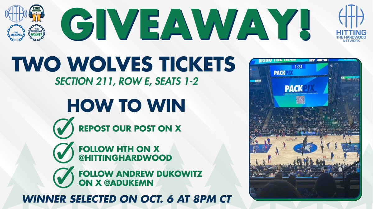adukeMN's tweet image. 🚨Wolves Ticket Giveaway🚨
Two tickets for Tuesday(10/7) nights preseason game against the Pacers

All you have to do to enter is:
-Repost this post
-Follow Me
-Follow @HittingHardwood

Winner will be Announced Monday 10/6 at 8PM central
(random wheel chooses)

#wolvesback