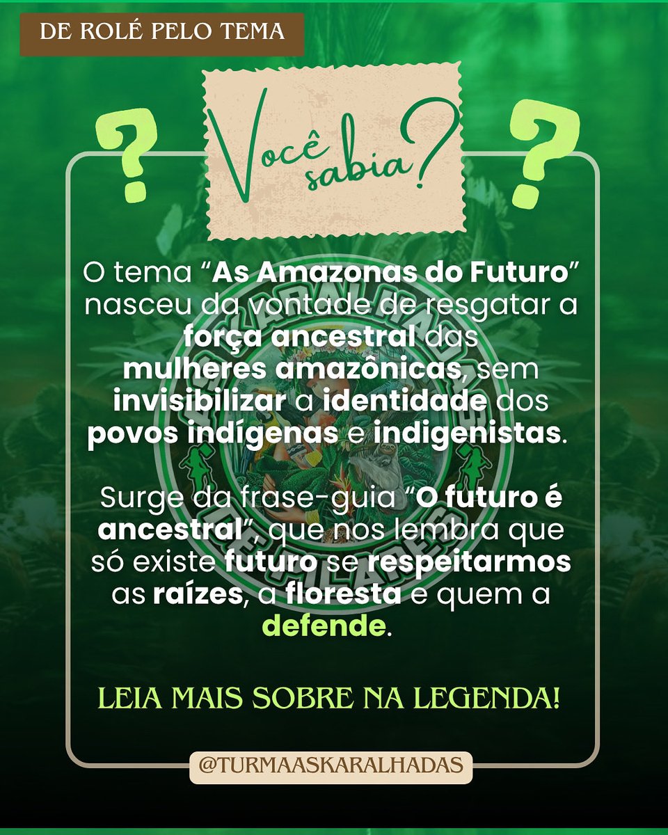 O “De Rolé Pelo Tema” é o quadro em que apresentaremos todas as nuances carregadas em Amazonas do Futuro. Conceito, estruturação, elaboração, análise, planejamento e execução são os pontos que norteiam este imponente tema!🏹💚

Nos siga para mais! 👉🏾 instagram.com/turmaaskaralha…