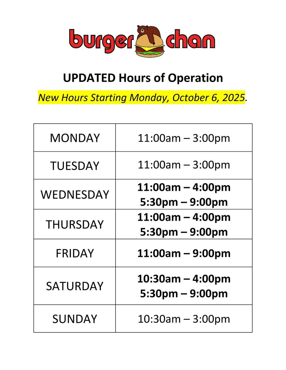 New hours, as of Monday, 10/6/25.