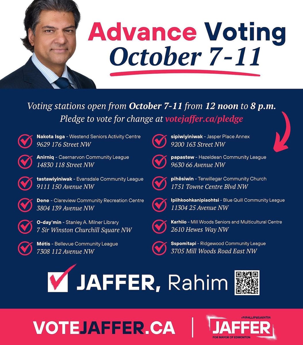 Don’t forget, advance voting is coming up this week!

Vote early, vote for change.

Pledge your vote here ➡️ votejaffer.ca/pledge

#yeg #yegvote #forallofedmonton
