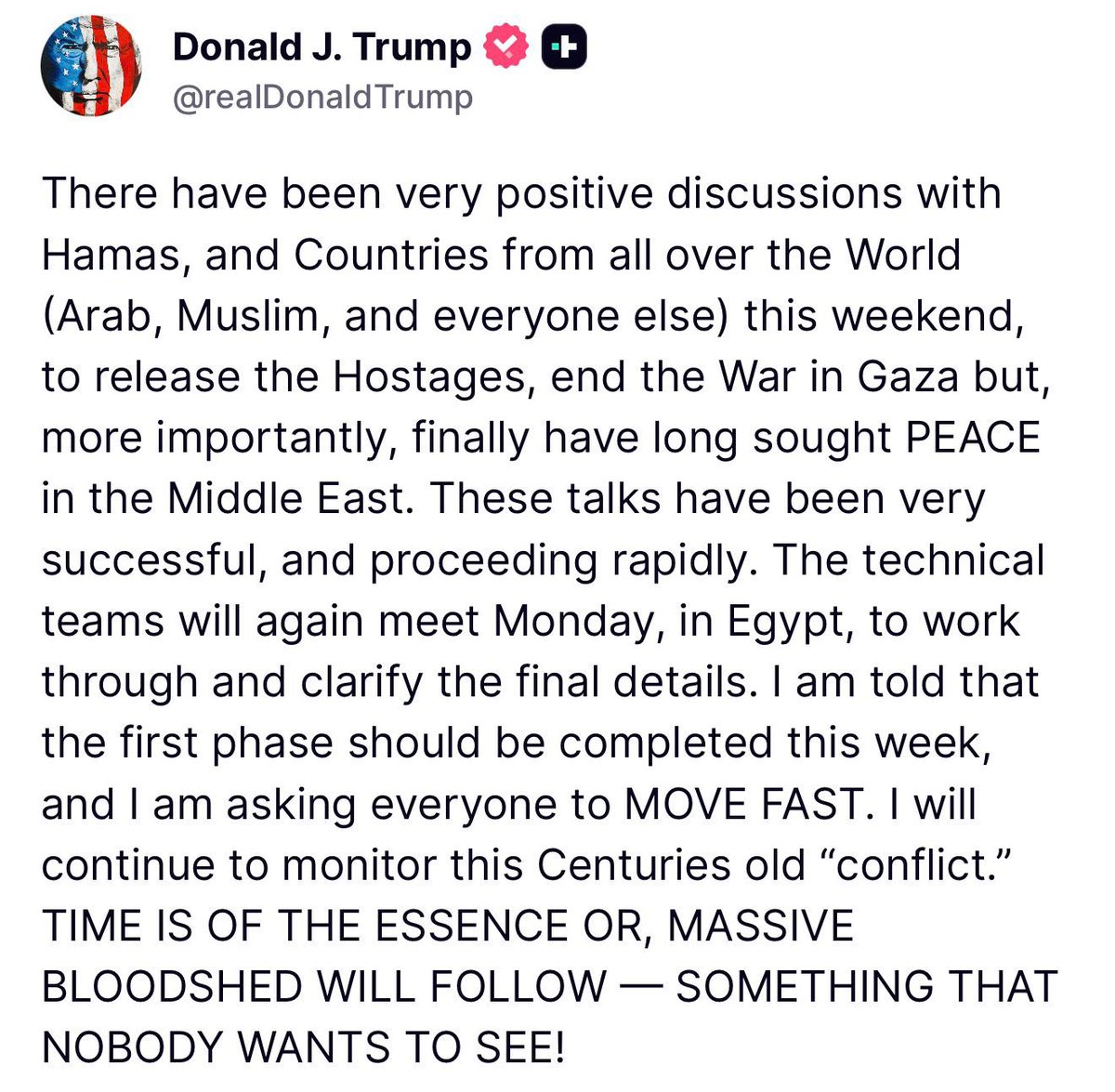 ⚠️ MAJOR BREAKING - US President Trump: "I am told that the first phase [of the ceasefire between Hamas and Israel] should be completed this week"