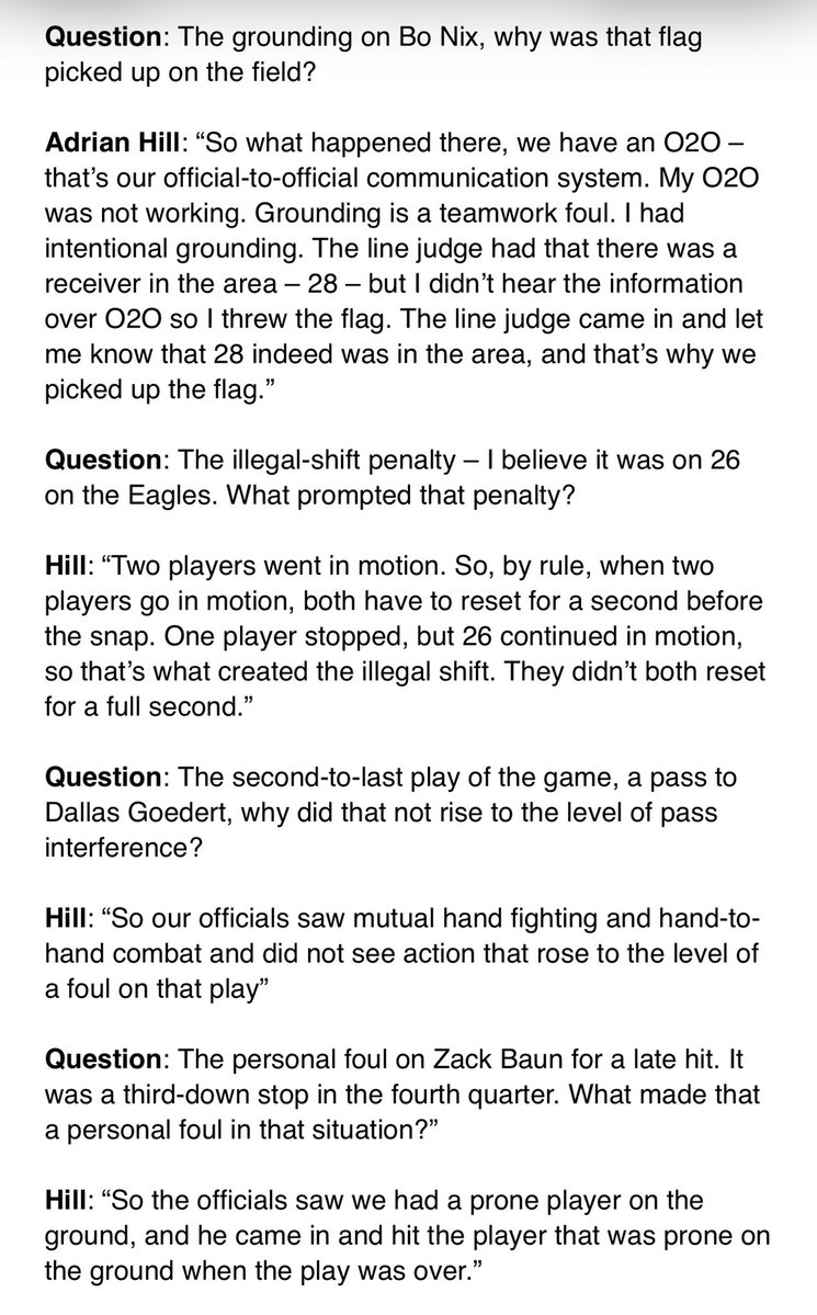 The official pool report with referee Adrian Hill on the four controversial calls in Eagles loss to the Broncos: