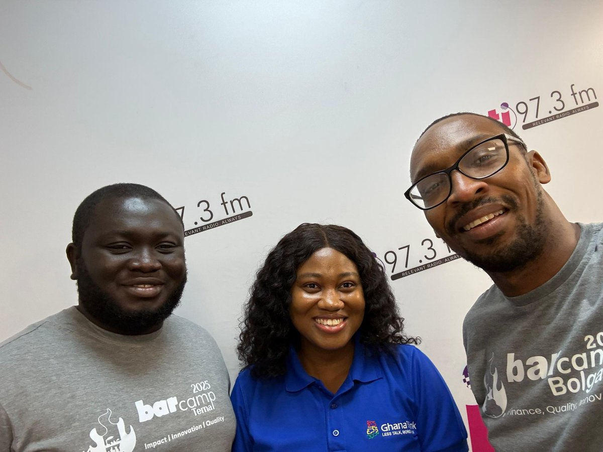 volunteeringh's tweet image. #Groufie:
* Timothy Amuah @Prof_Timy - #bctema Team Lead
* Irene Dery @ali_renny5 - #BarcampGhana Resources Lead
* Ato Ulzen-Appiah @Abocco - #GhanaThink Director.
After a #CitiCBS radio interview about National Volunteer Day on #Sep22. 
#NVDay2025 #NVDay #Volunteeringh
