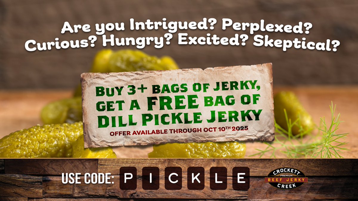 These all seem like good reasons to try Dill Pickle Jerky for FREE! 

Buy any 3 bags of jerky and get a bag of dill pickle on us. 
🥒DISCOUNT CODE: PICKLE

Shop now👉 crockettcreek.com/shop-jerky/