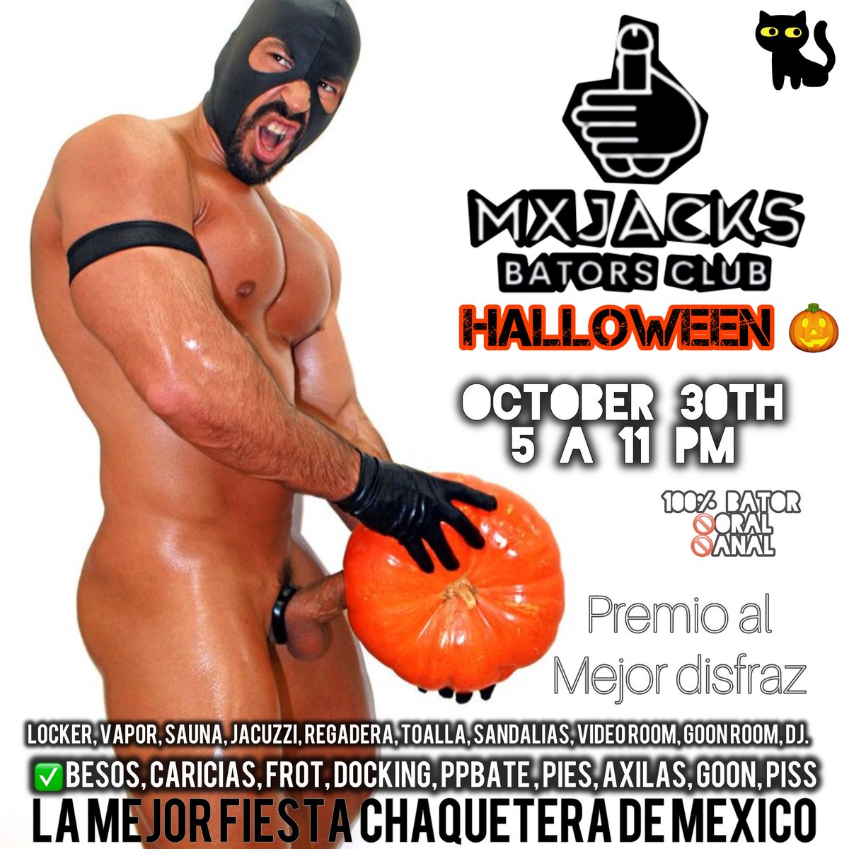 October 30th prepara tu mejor disfraz o máscara.

*dj en vivo 🎧 
*erotic dancer 🕺🏻 
*drag show
*premio al mejor costume
*nuevo laberinto con video
*6 horas de fiesta! 
*bukkake final

Cupo limitado! Accesos disponibles próximamente.