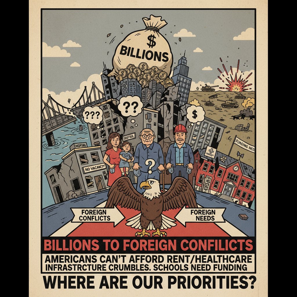 Distrust_us's tweet image. Billions to foreign conflicts while Americans can&apos;t afford rent or healthcare. Meanwhile infrastructure crumbles and schools need funding. 
Where are OUR priorities? #AmericaInThisToo