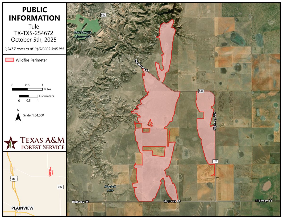 AllHazardsTFS's tweet photo. Public information map of the #TuleFire in Briscoe County showing 2,547 acres as of Oct. 5, 2025. The fire is currently 85% contained. #txfire https://t.co/4G8eJ5wzmW